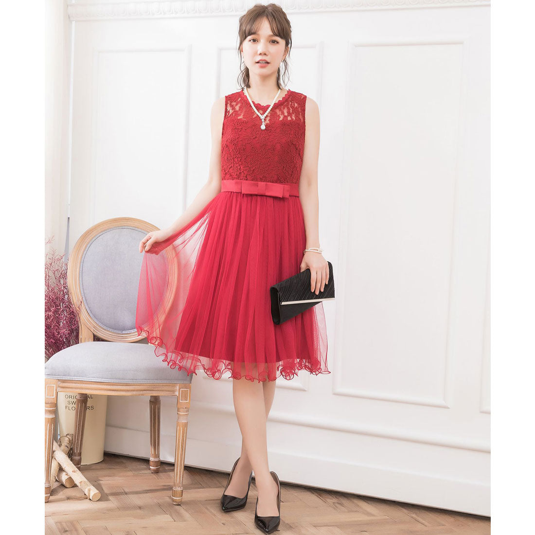 DRESS+ Lace x Tulle Waist Ribbon A-line Dress