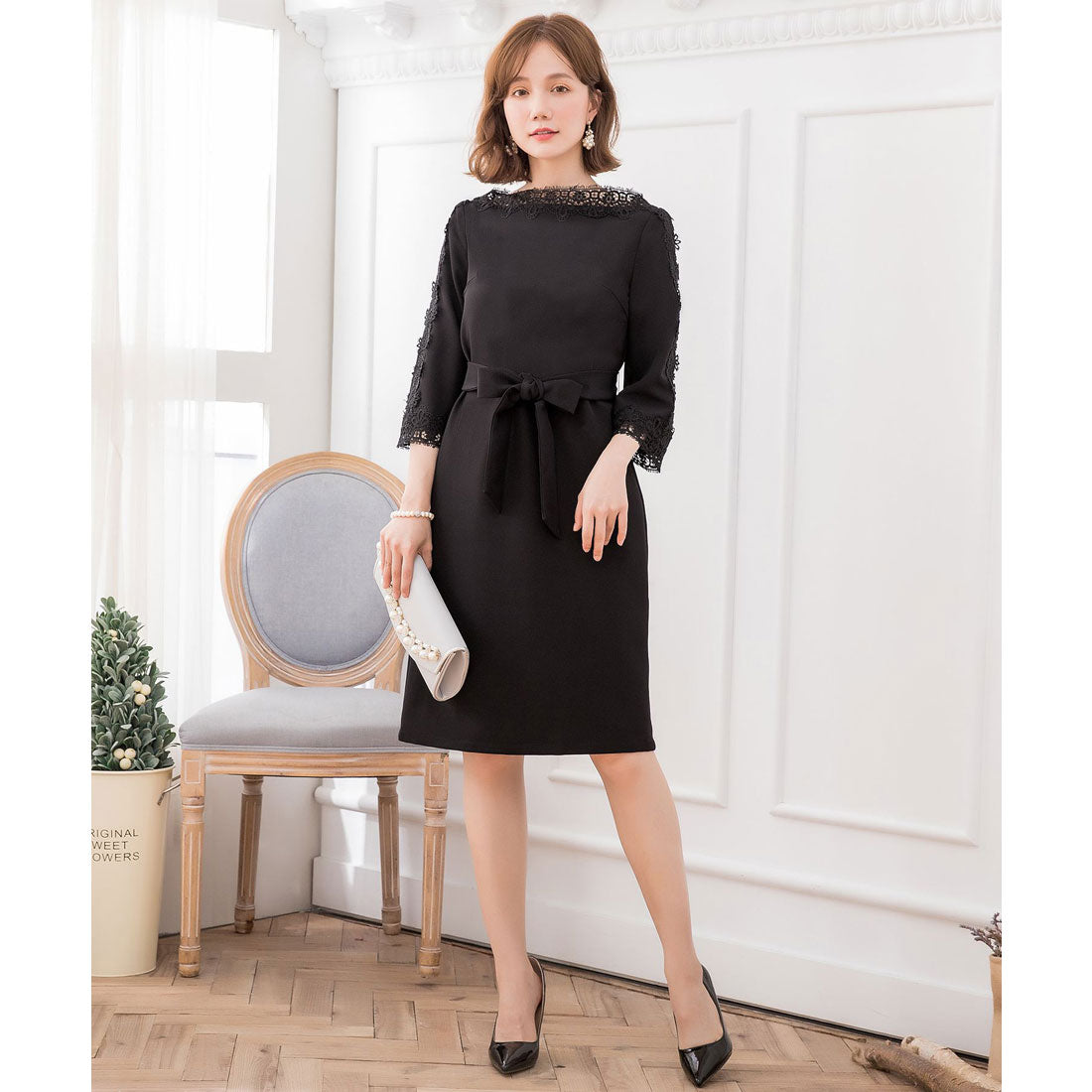 ドレスプラス DRESS+ レース7分袖＆デコルテ刺繍ワンピースドレス・結婚式ワンピース・お呼ばれパーティードレス