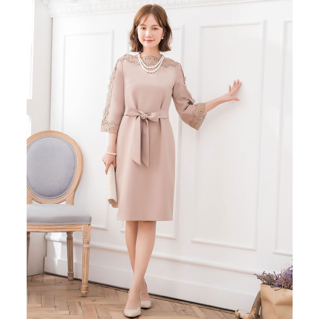 ドレスプラス DRESS+ レース7分袖＆デコルテ刺繍ワンピースドレス・結婚式ワンピース・お呼ばれパーティードレス