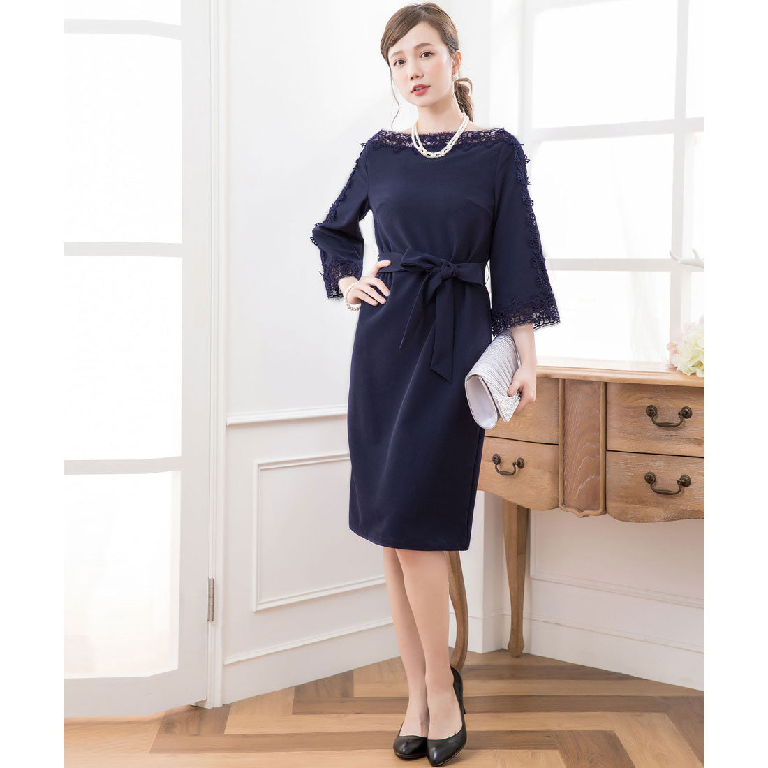 ドレスプラス DRESS+ レース7分袖＆デコルテ刺繍ワンピースドレス・結婚式ワンピース・お呼ばれパーティードレス