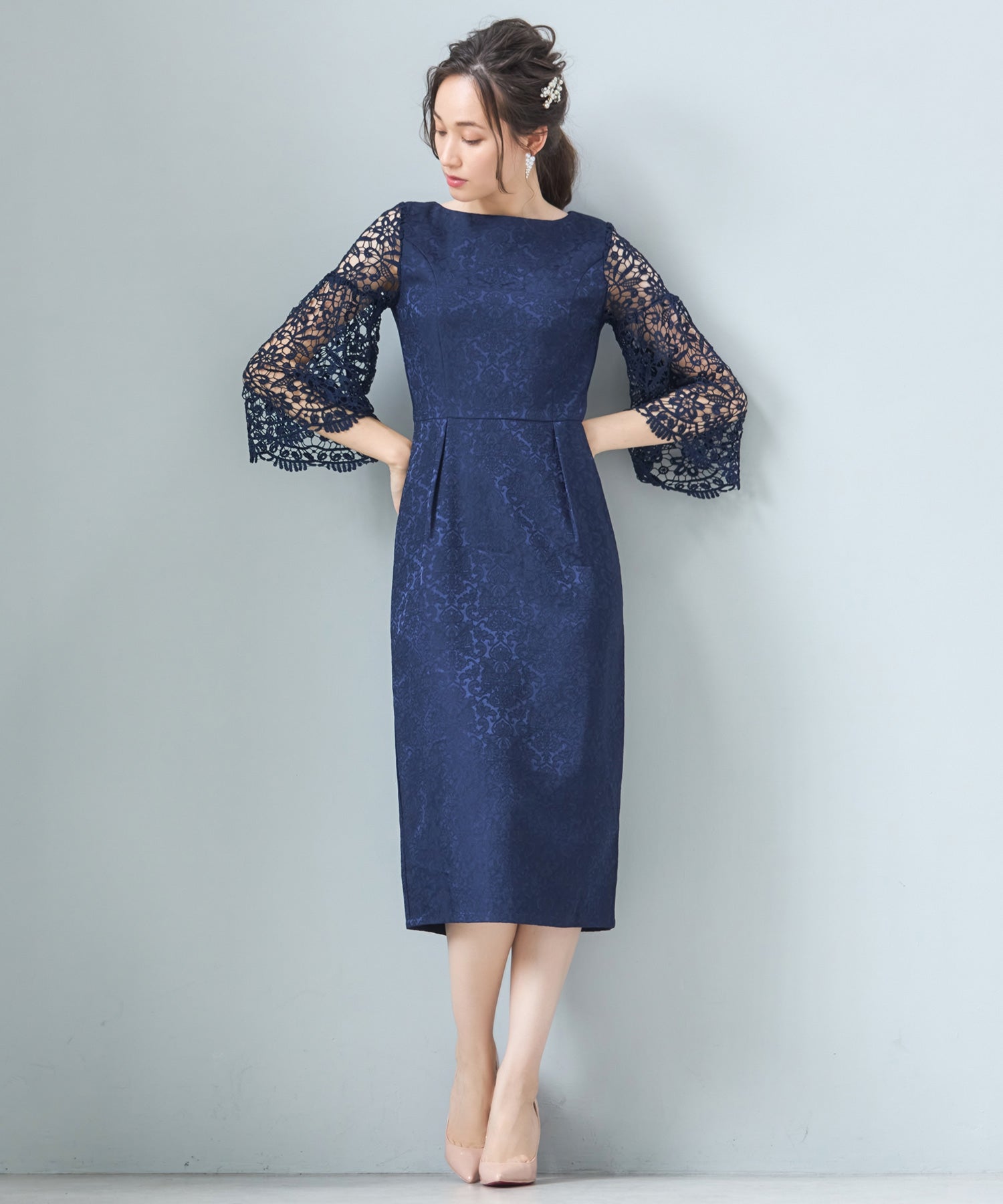 Dress Plus DRESS+ Lace 3/4 Sleeve x Damask Pattern One-Piece Dress Wed