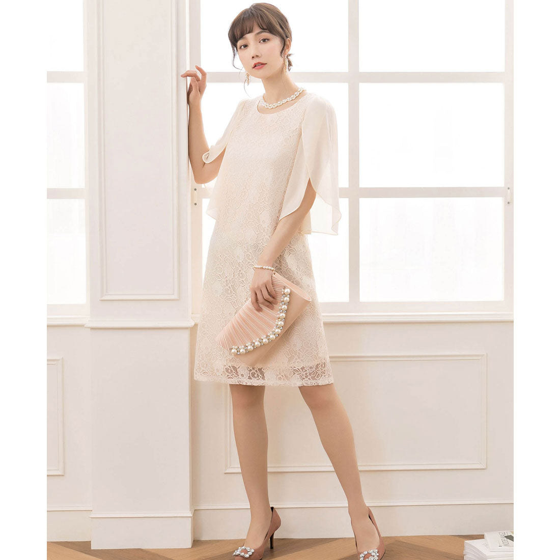 ドレスプラス DRESS+ フリルスリーブレースワンピース・結婚式ワンピース・お呼ばれパーティードレス