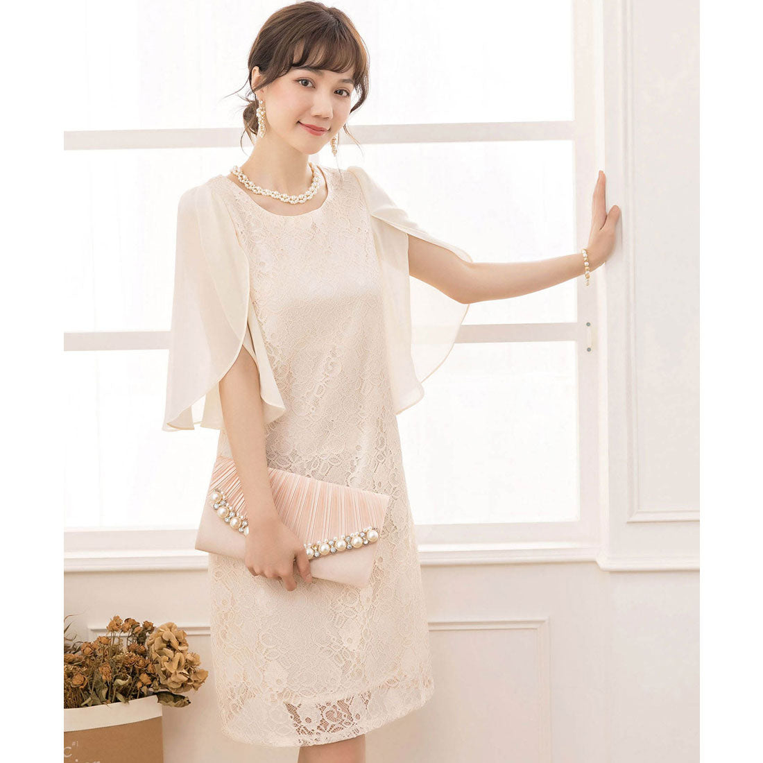 ドレスプラス DRESS+ フリルスリーブレースワンピース・結婚式ワンピース・お呼ばれパーティードレス