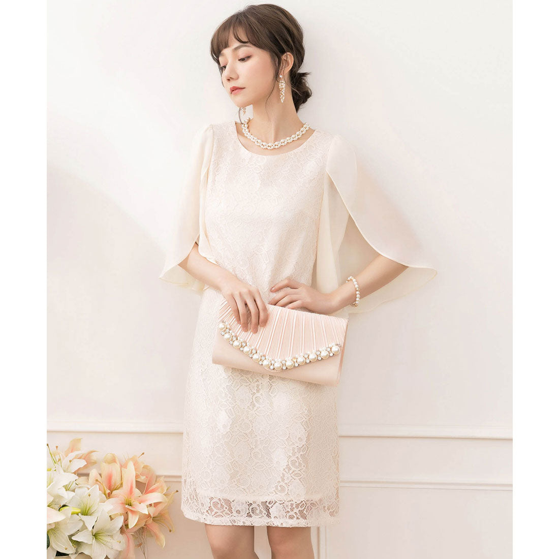 ドレスプラス DRESS+ フリルスリーブレースワンピース・結婚式ワンピース・お呼ばれパーティードレス