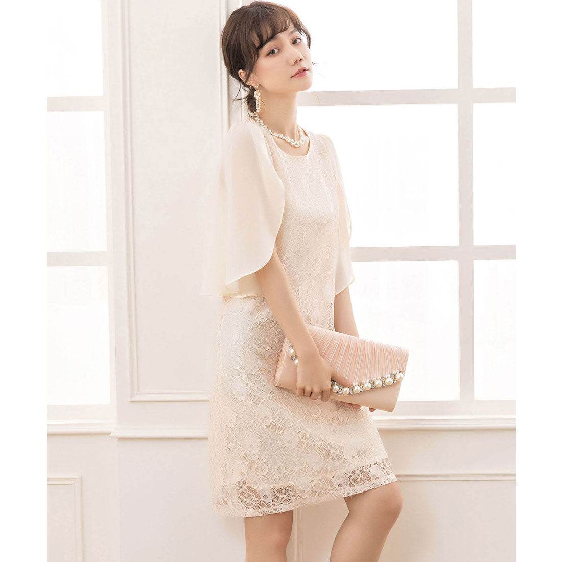 ドレスプラス DRESS+ フリルスリーブレースワンピース・結婚式ワンピース・お呼ばれパーティードレス