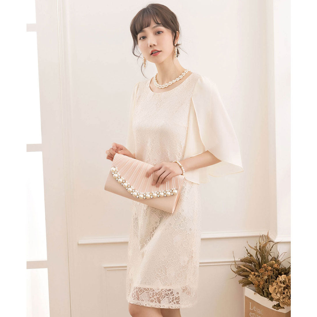 ドレスプラス DRESS+ フリルスリーブレースワンピース・結婚式ワンピース・お呼ばれパーティードレス