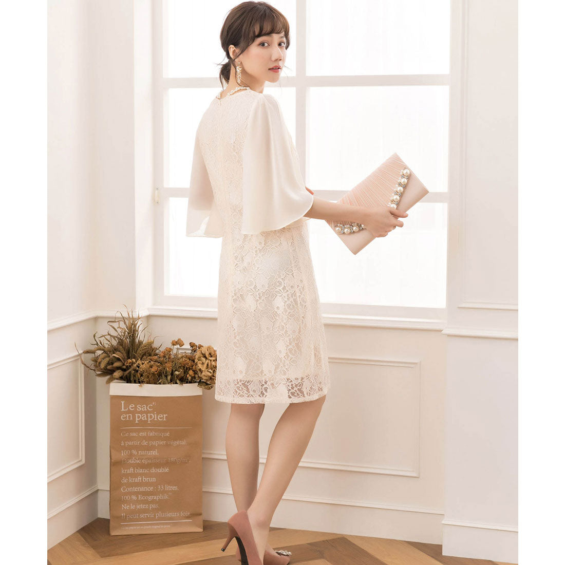 ドレスプラス DRESS+ フリルスリーブレースワンピース・結婚式ワンピース・お呼ばれパーティードレス