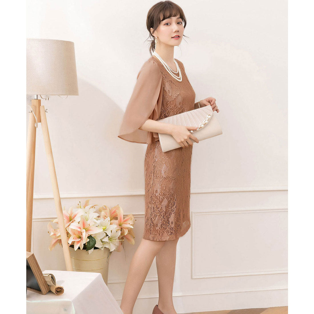 ドレスプラス DRESS+ フリルスリーブレースワンピース・結婚式ワンピース・お呼ばれパーティードレス,ベージュ