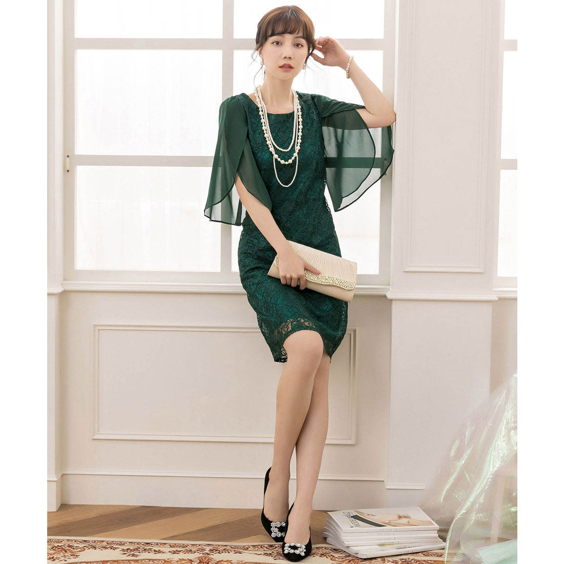 ドレスプラス DRESS+ フリルスリーブレースワンピース・結婚式ワンピース・お呼ばれパーティードレス