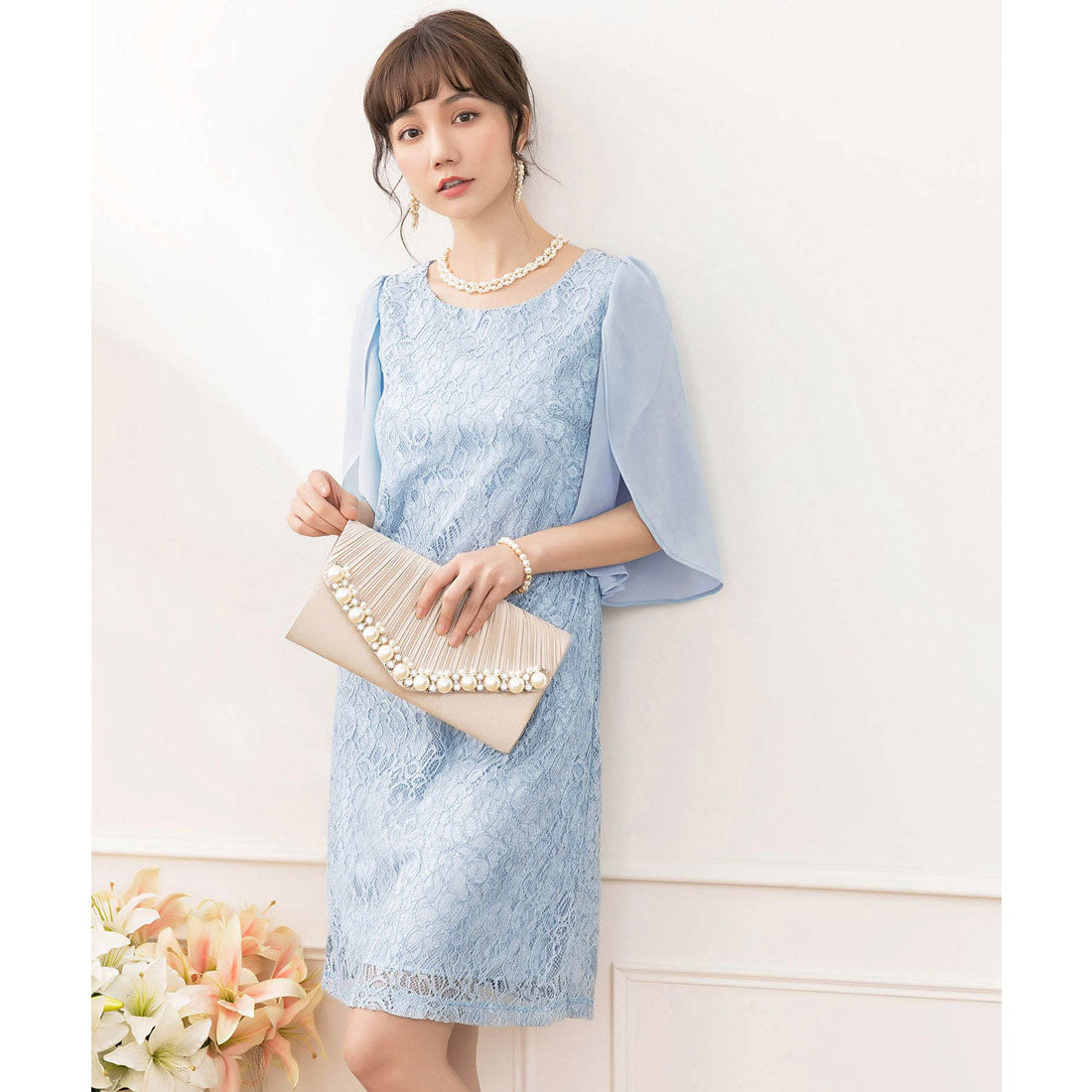 ドレスプラス DRESS+ フリルスリーブレースワンピース・結婚式ワンピース・お呼ばれパーティードレス