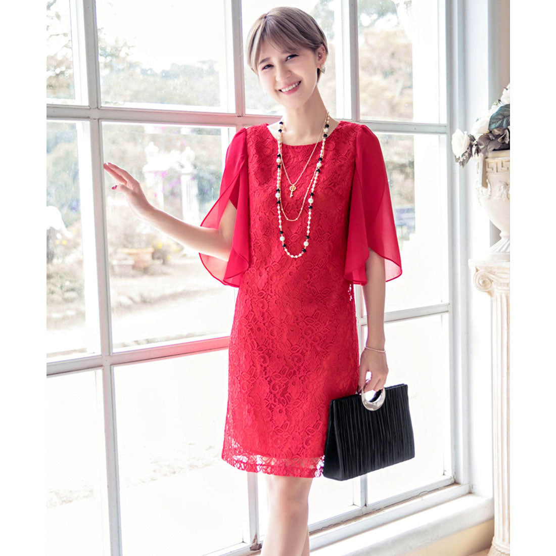 ドレスプラス DRESS+ フリルスリーブレースワンピース・結婚式ワンピース・お呼ばれパーティードレス,レッド