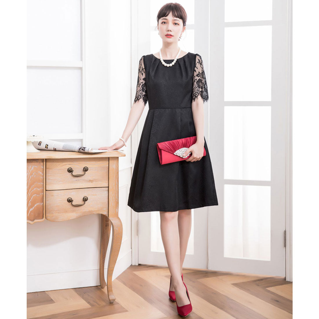 ドレスプラス DRESS+ レーススリーブ＆結婚式・お呼ばれ対応ワンピースドレス