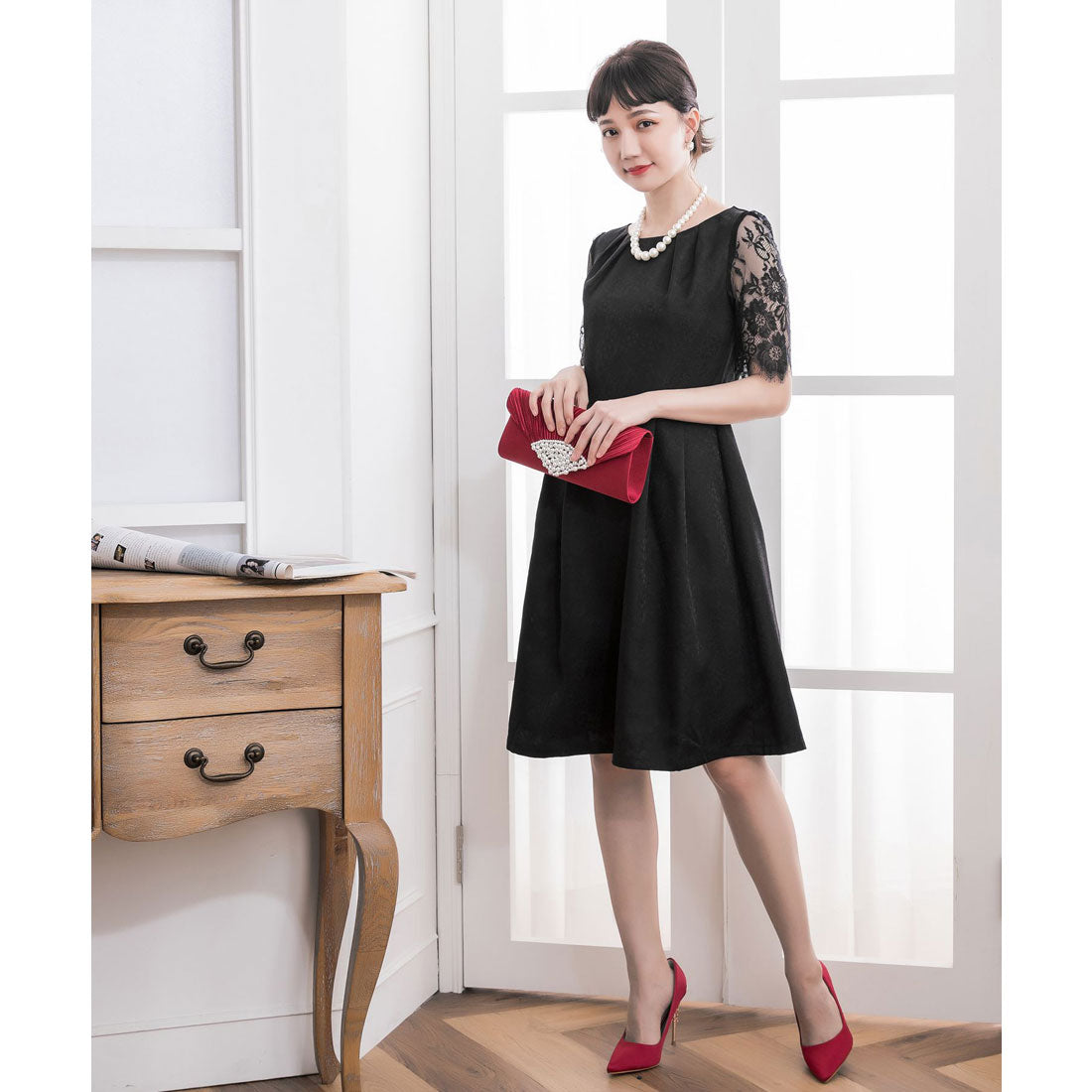ドレスプラス DRESS+ レーススリーブ＆結婚式・お呼ばれ対応ワンピースドレス