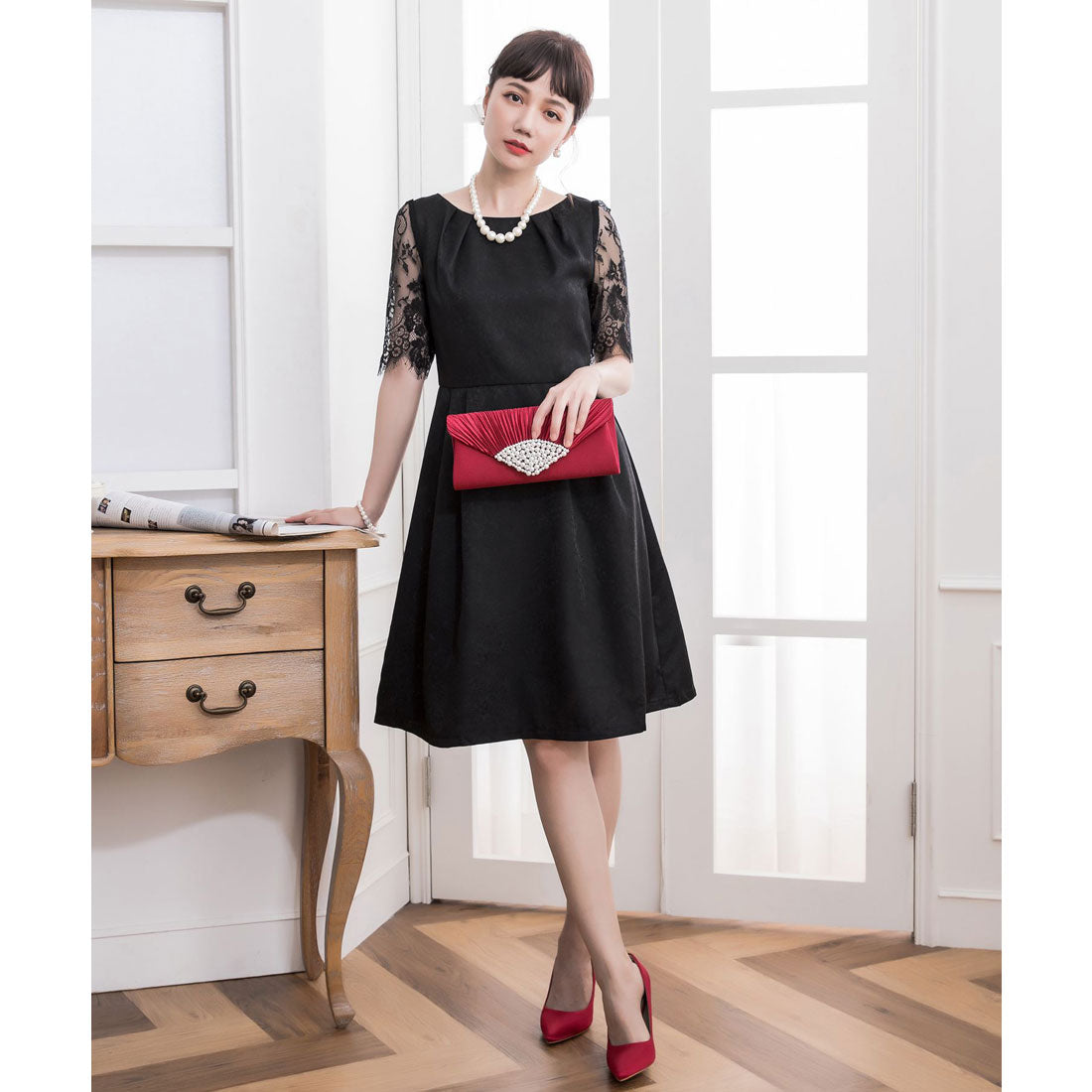 ドレスプラス DRESS+ レーススリーブ＆結婚式・お呼ばれ対応ワンピースドレス