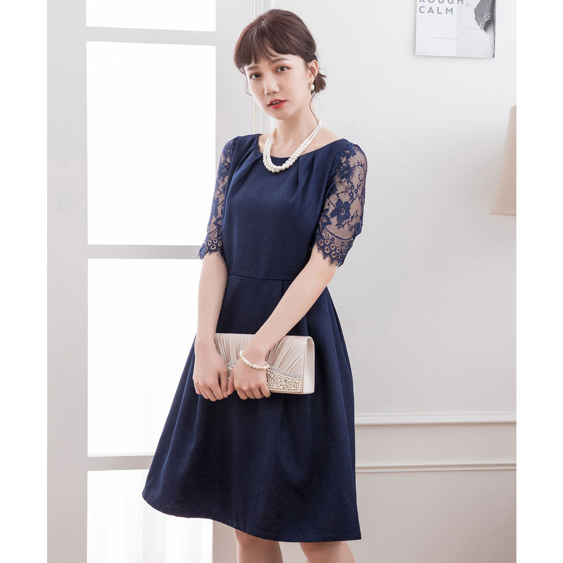 ドレスプラス DRESS+ レーススリーブ＆結婚式・お呼ばれ対応ワンピースドレス,ネイビー