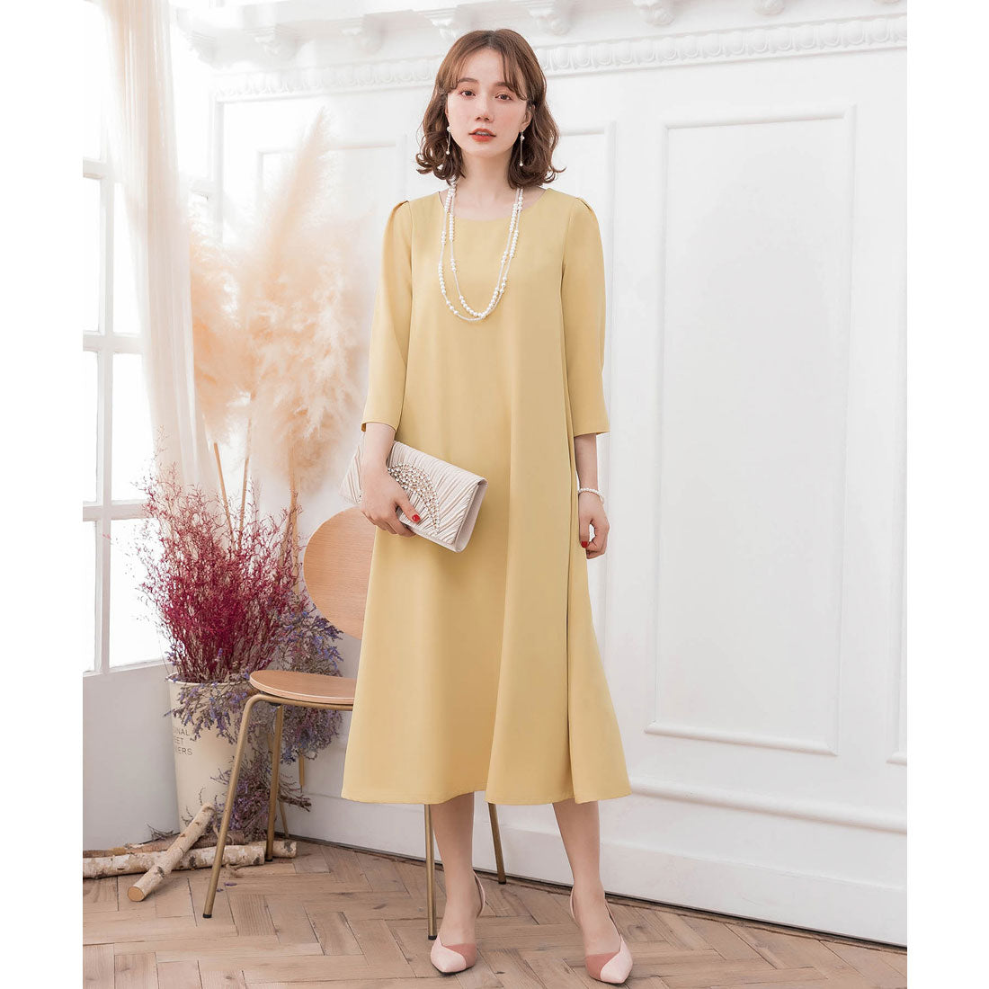 ドレスプラス DRESS+ フレアロング丈結婚式ワンピース,ベージュ