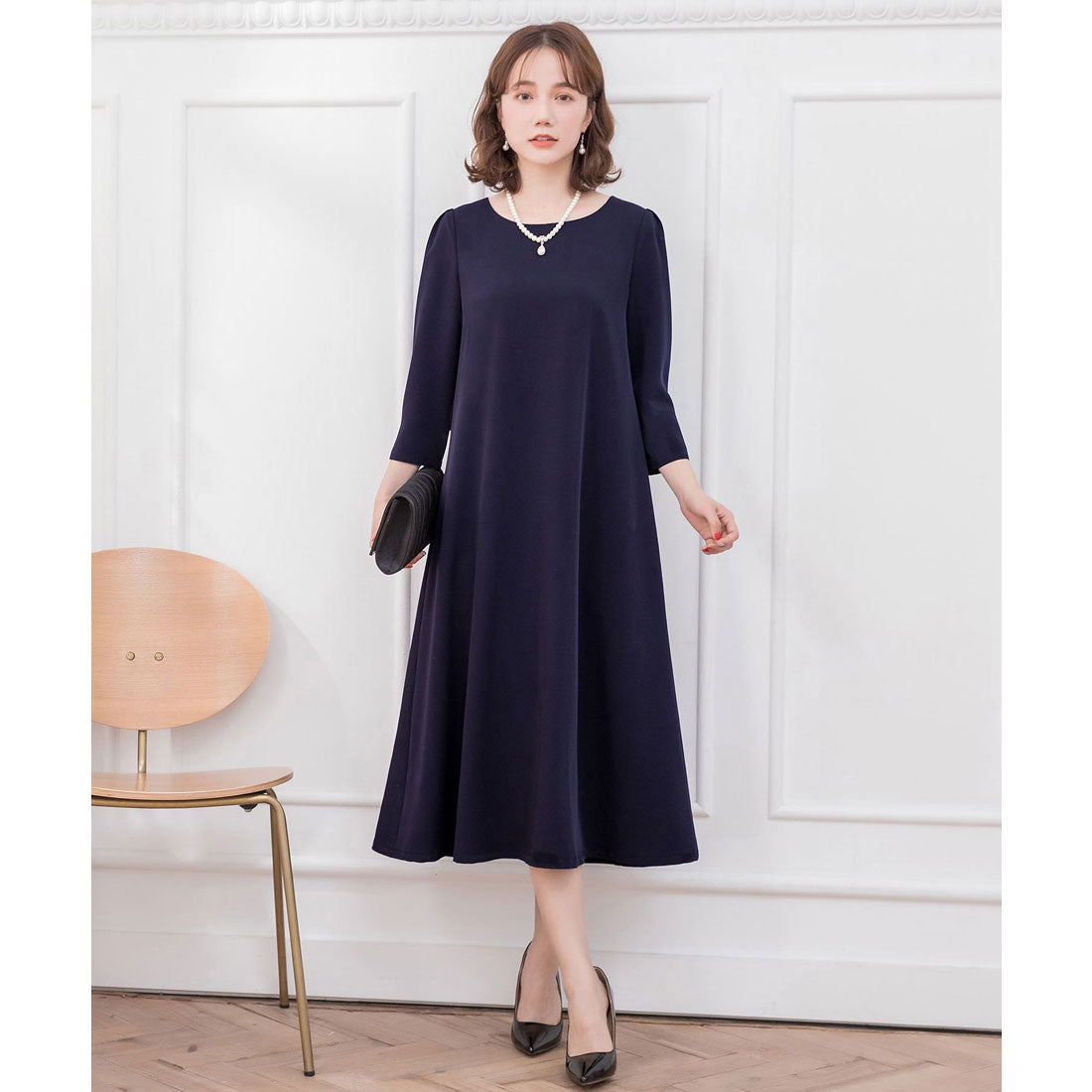 ドレスプラス DRESS+ フレアロング丈結婚式ワンピース,ネイビー