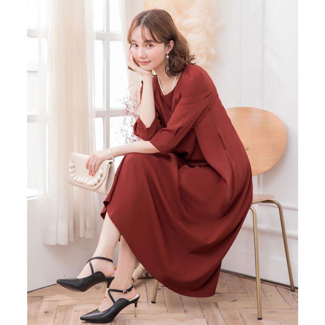 ドレスプラス DRESS+ フレアロング丈結婚式ワンピース,レッド