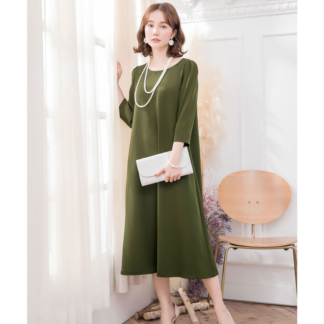 ドレスプラス DRESS+ フレアロング丈結婚式ワンピース,カーキ