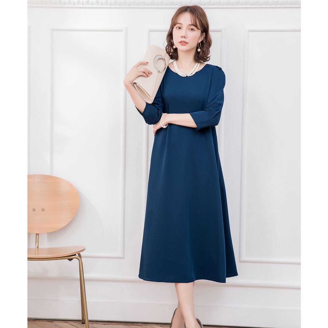 ドレスプラス DRESS+ フレアロング丈結婚式ワンピース,ブルー