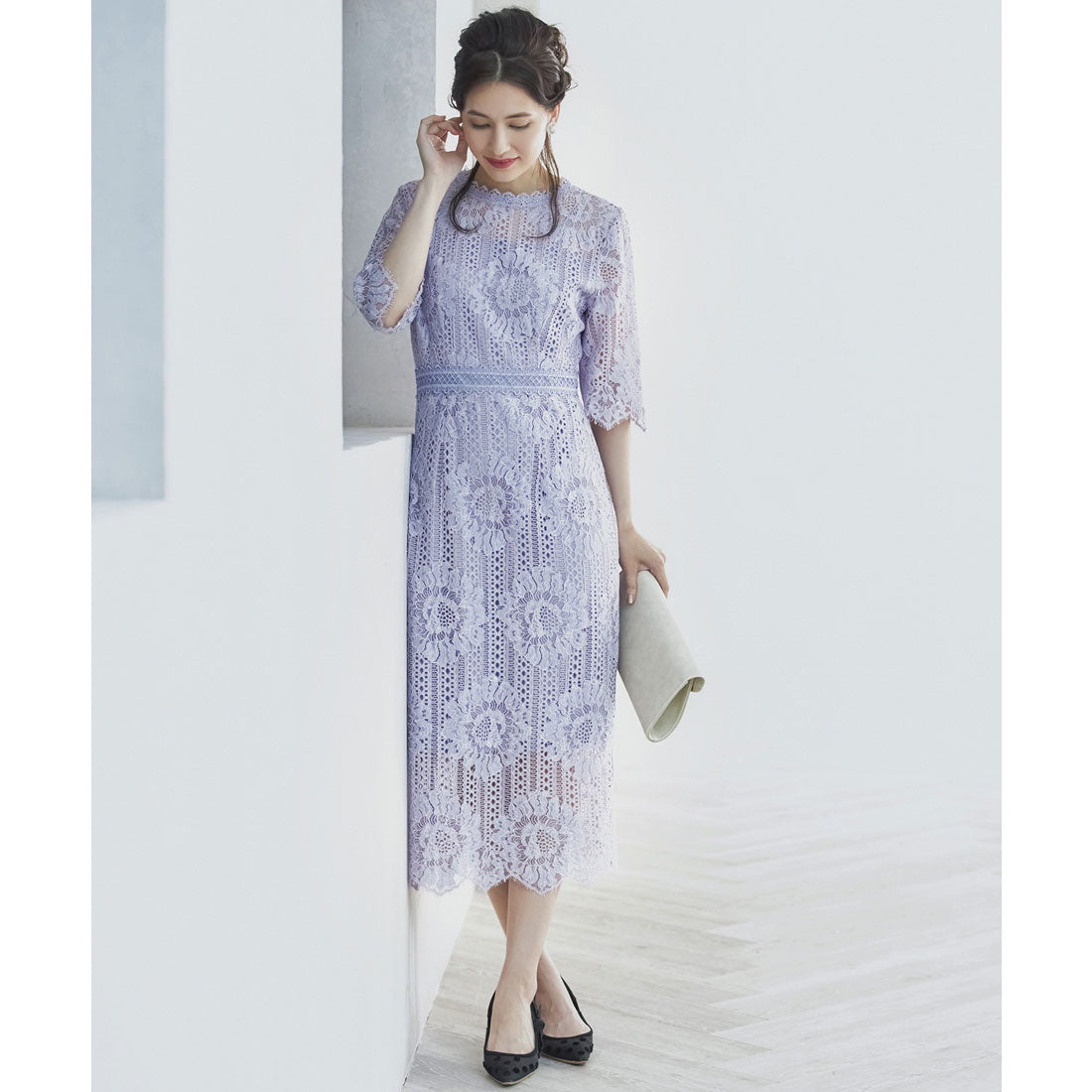 ドレスプラス DRESS+ タイトシルエットのミモレ丈ワンピースドレス パーティードレス 結婚式