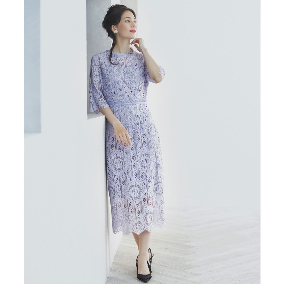 ドレスプラス DRESS+ タイトシルエットのミモレ丈ワンピースドレス パーティードレス 結婚式