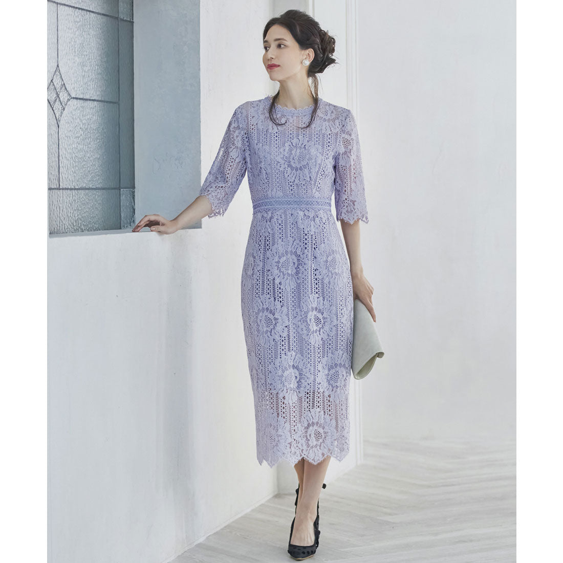 ドレスプラス DRESS+ タイトシルエットのミモレ丈ワンピースドレス パーティードレス 結婚式