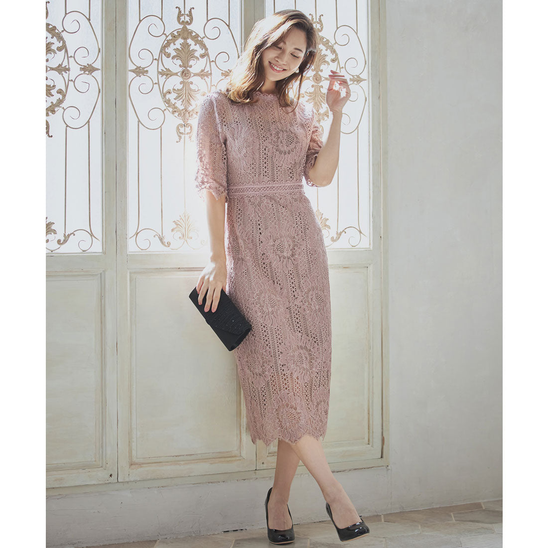 ドレスプラス DRESS+ タイトシルエットのミモレ丈ワンピースドレス パーティードレス 結婚式