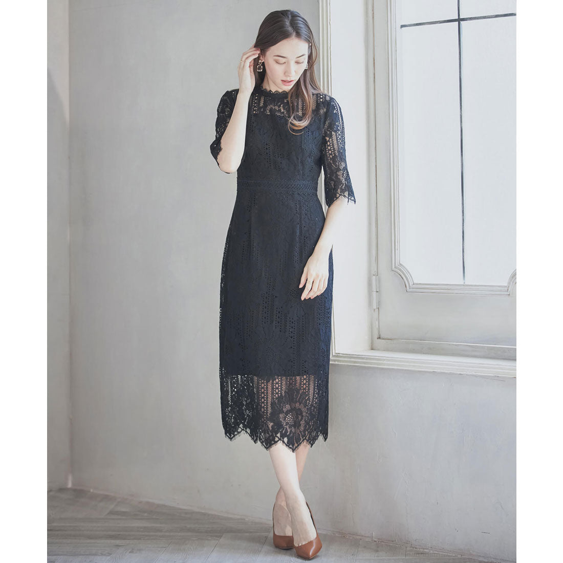 ドレスプラス DRESS+ タイトシルエットのミモレ丈ワンピースドレス パーティードレス 結婚式
