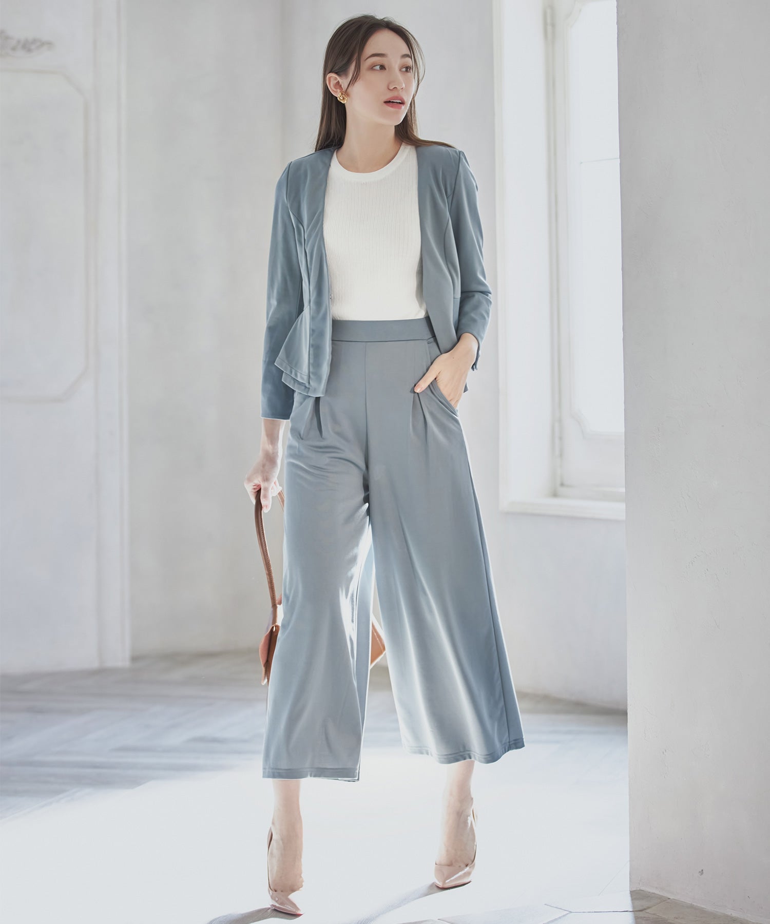 ドレスプラス DRESS+ セットアップ スーツ ウォッシャブル ジャケット ワイドパンツ  OL 通勤服 入学式 卒業式 （ブルーグレー） ブルーグレー