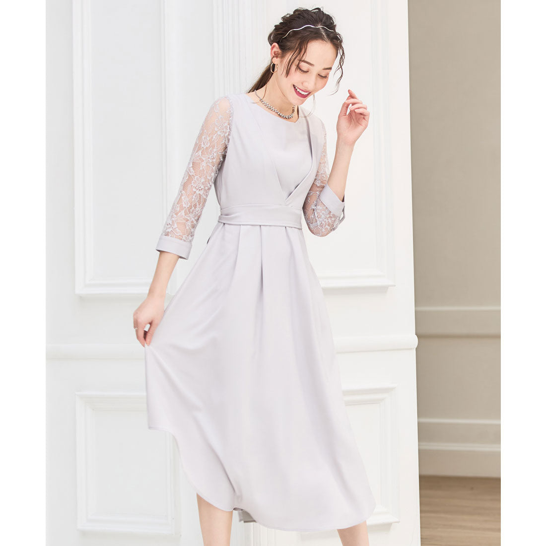 ドレスプラス DRESS+ パーティードレス 2way レース 大人可愛い ドッキングワンピース 脚長効果 プリーツ加工 レース袖