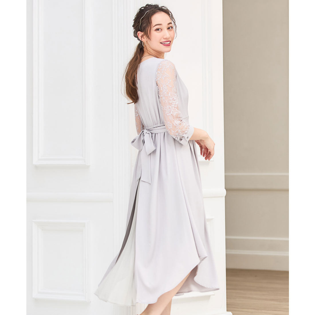 ドレスプラス DRESS+ パーティードレス 2way レース 大人可愛い ドッキングワンピース 脚長効果 プリーツ加工 レース袖