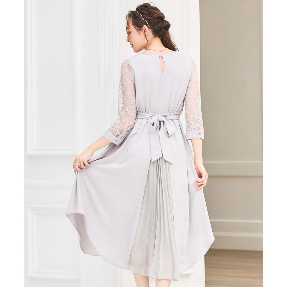 ドレスプラス DRESS+ パーティードレス 2way レース 大人可愛い ドッキングワンピース 脚長効果 プリーツ加工 レース袖