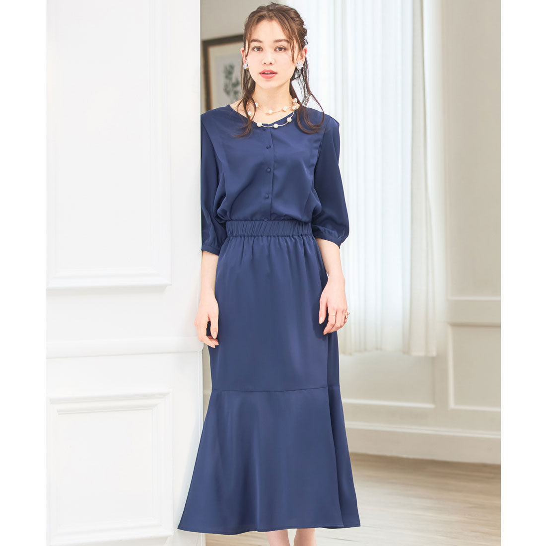 ドレスプラス DRESS+ セットアップ 通勤 レディース ブラウス aライン スカート 春夏 （ネイビー） ネイビー