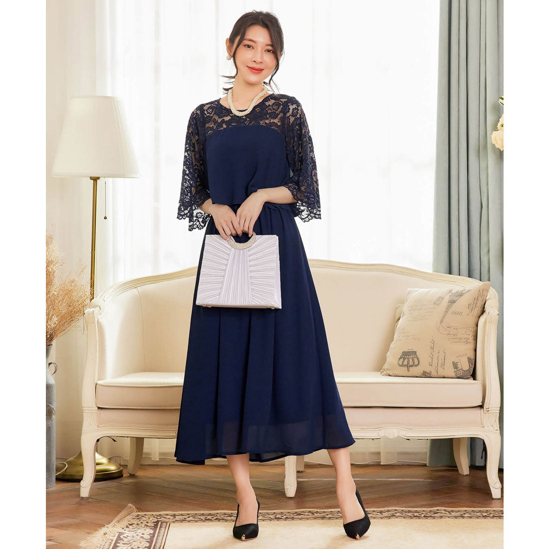 ドレスプラス DRESS+ パーティードレス ワンピース レース 披露宴 結婚式 フォーマル （ネイビー） ネイビー