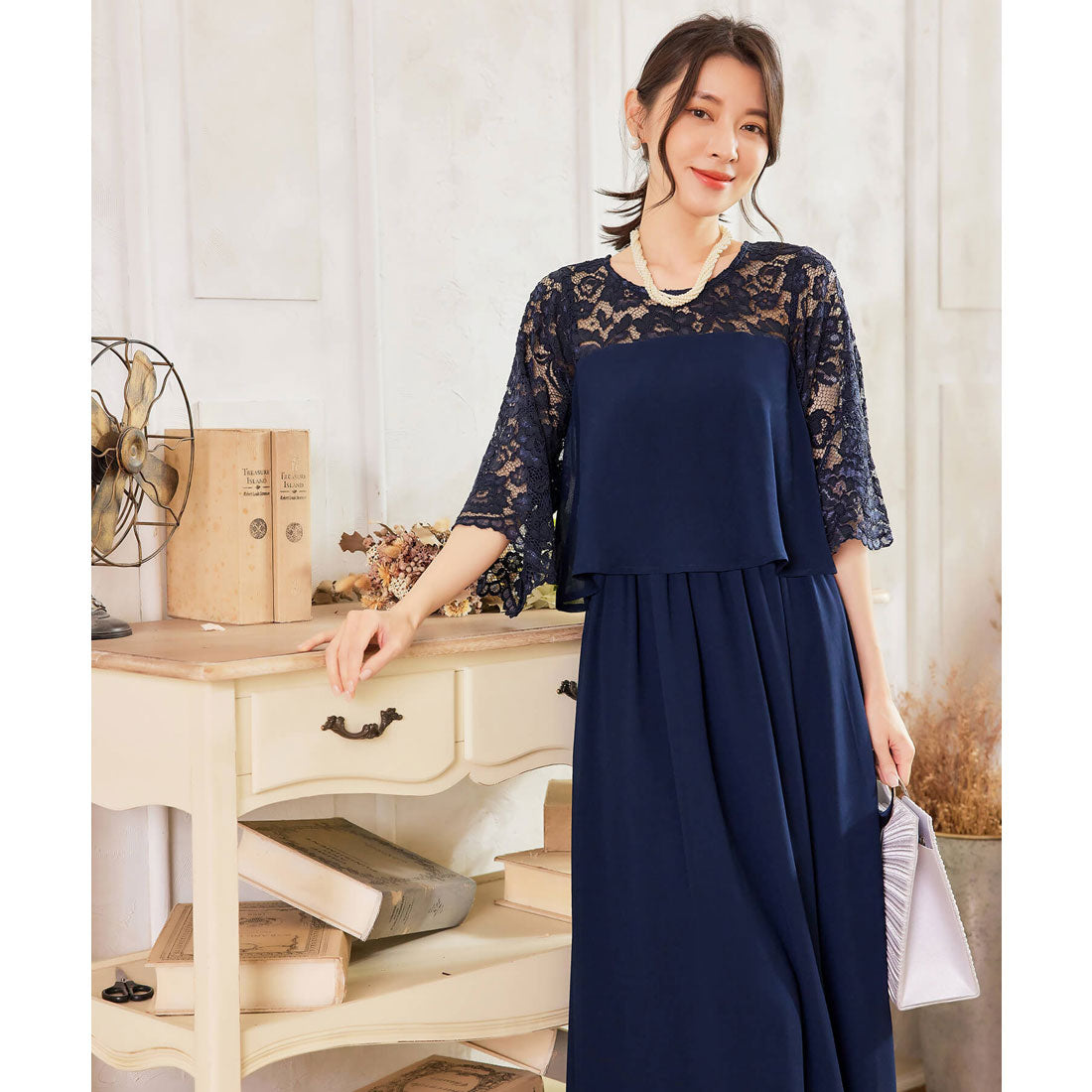 ドレスプラス DRESS+ パーティードレス ワンピース レース 披露宴 結婚式 フォーマル （ネイビー） ネイビー