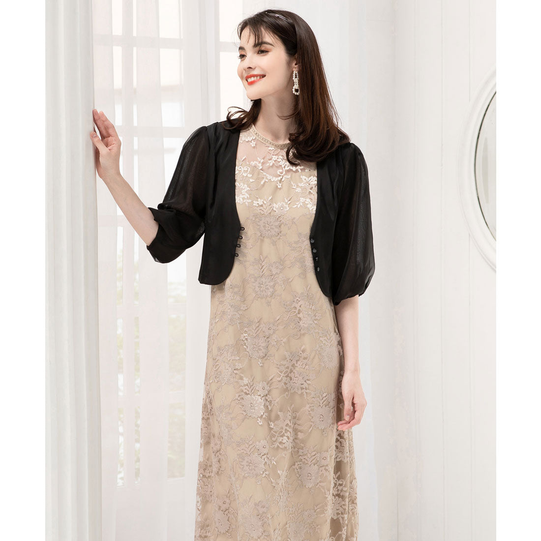 ドレスプラス DRESS+ レディース ジャケット Vネック ノーカラー ショート シアー素材