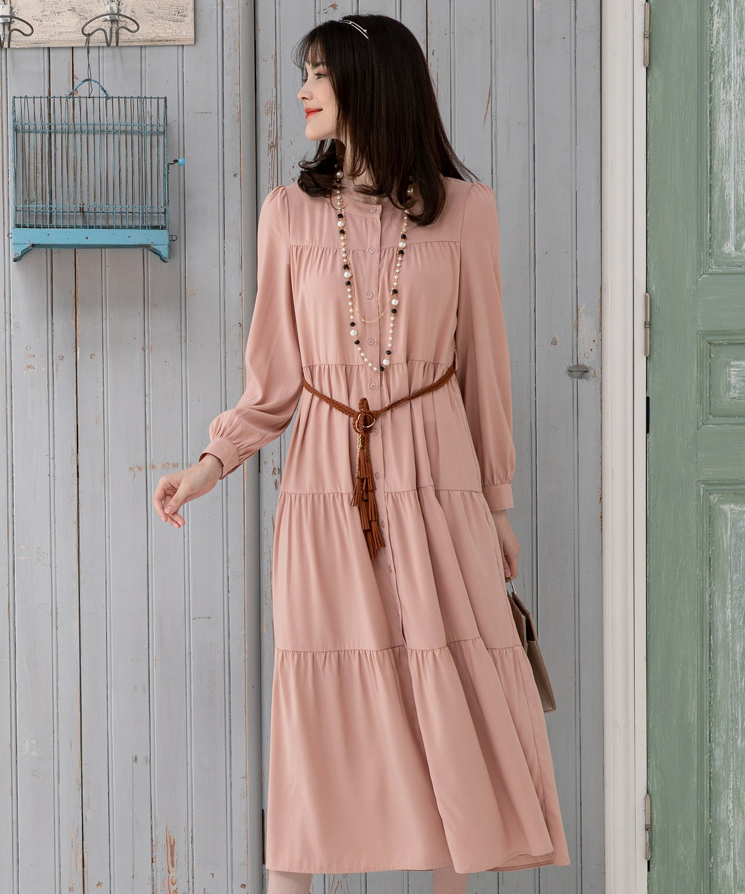 ドレスプラス DRESS+ ワンピース ガウン フレア Aライン 長袖 ティアード 春 夏 秋 （ピンクベージュ） ピンクベージュ