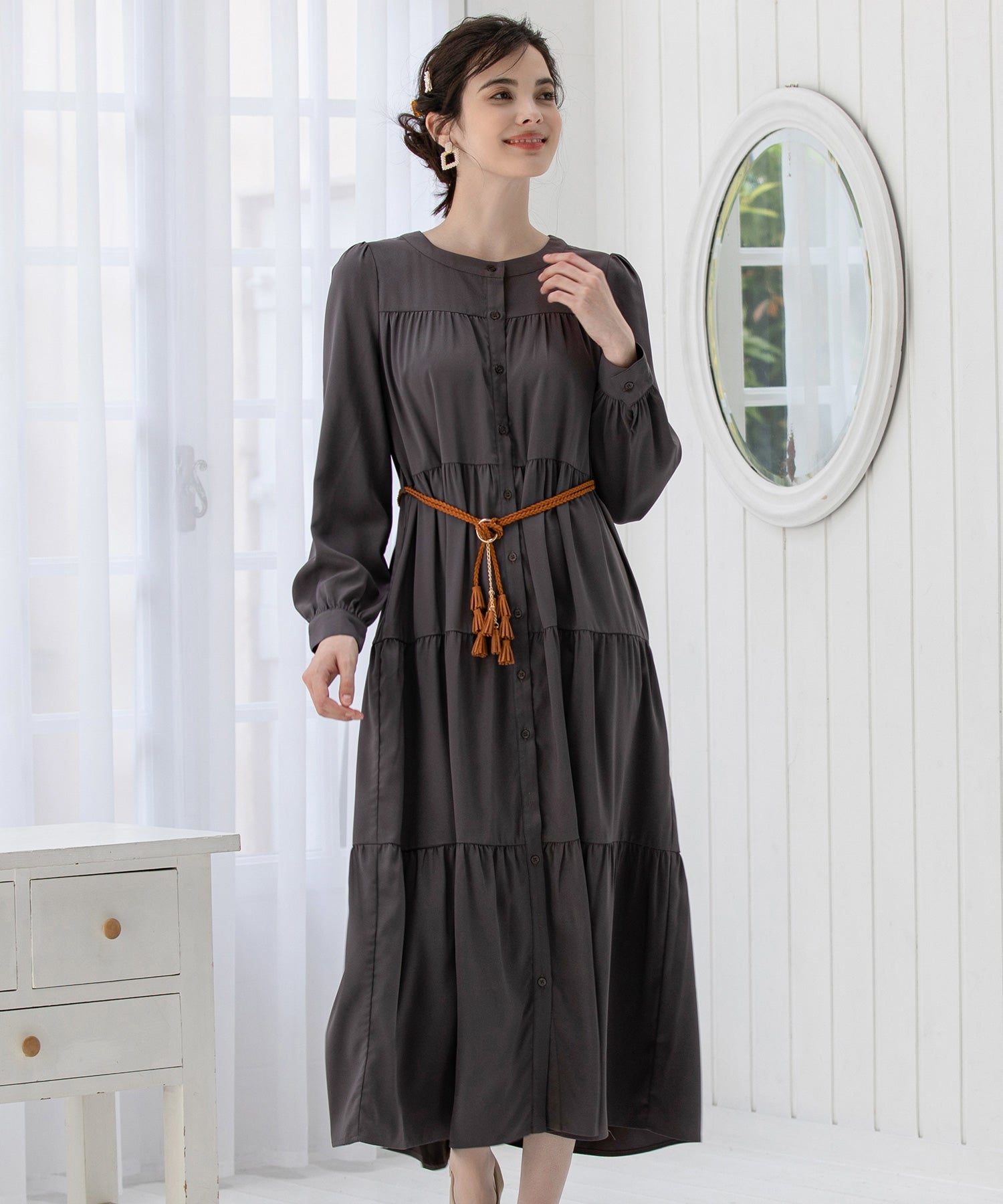 DRESS+ One-piece gown, flare, A-line, long sleeves, tiered, spring, summer, fall