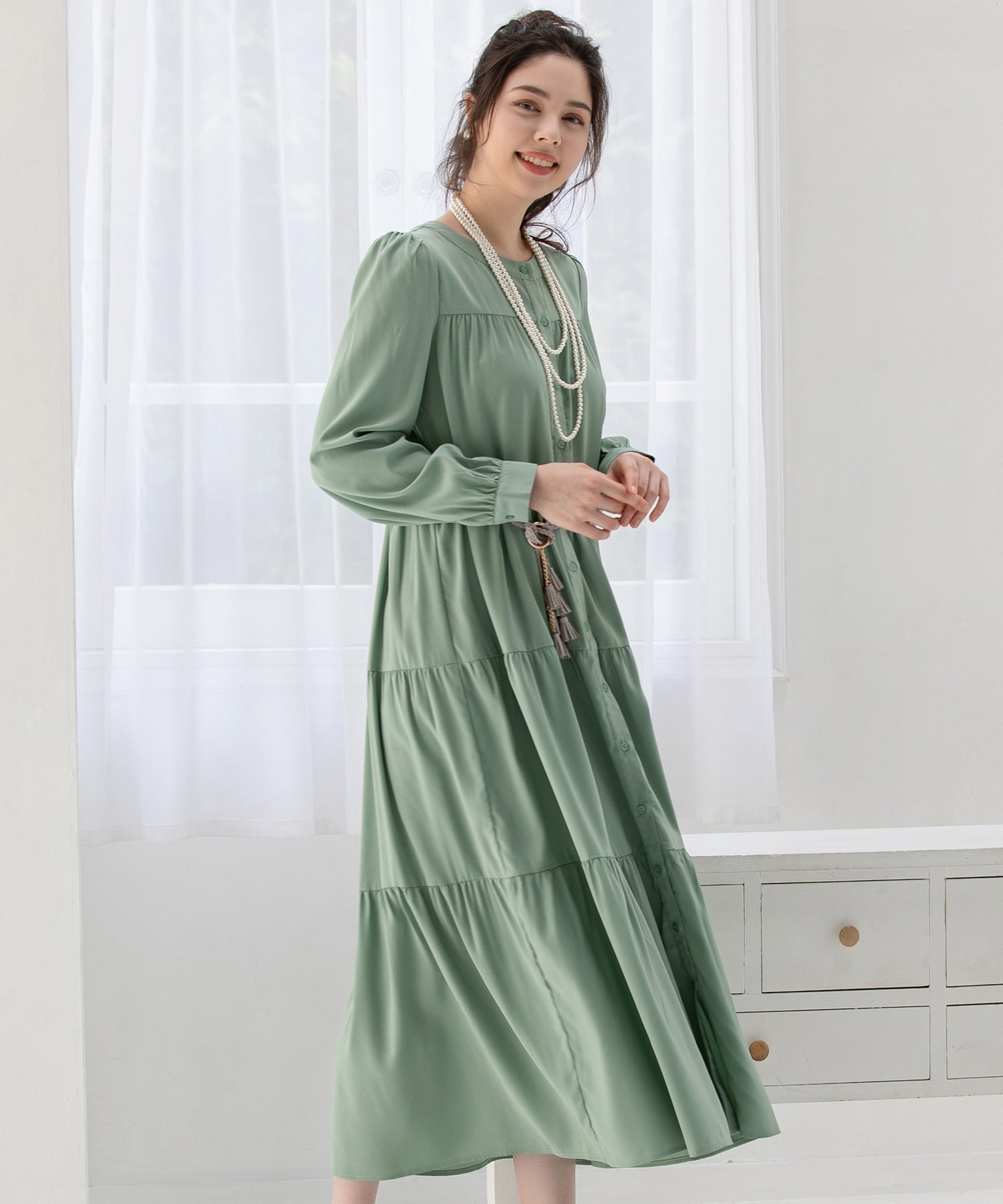 DRESS+ One-piece gown, flare, A-line, long sleeves, tiered, spring, summer, fall