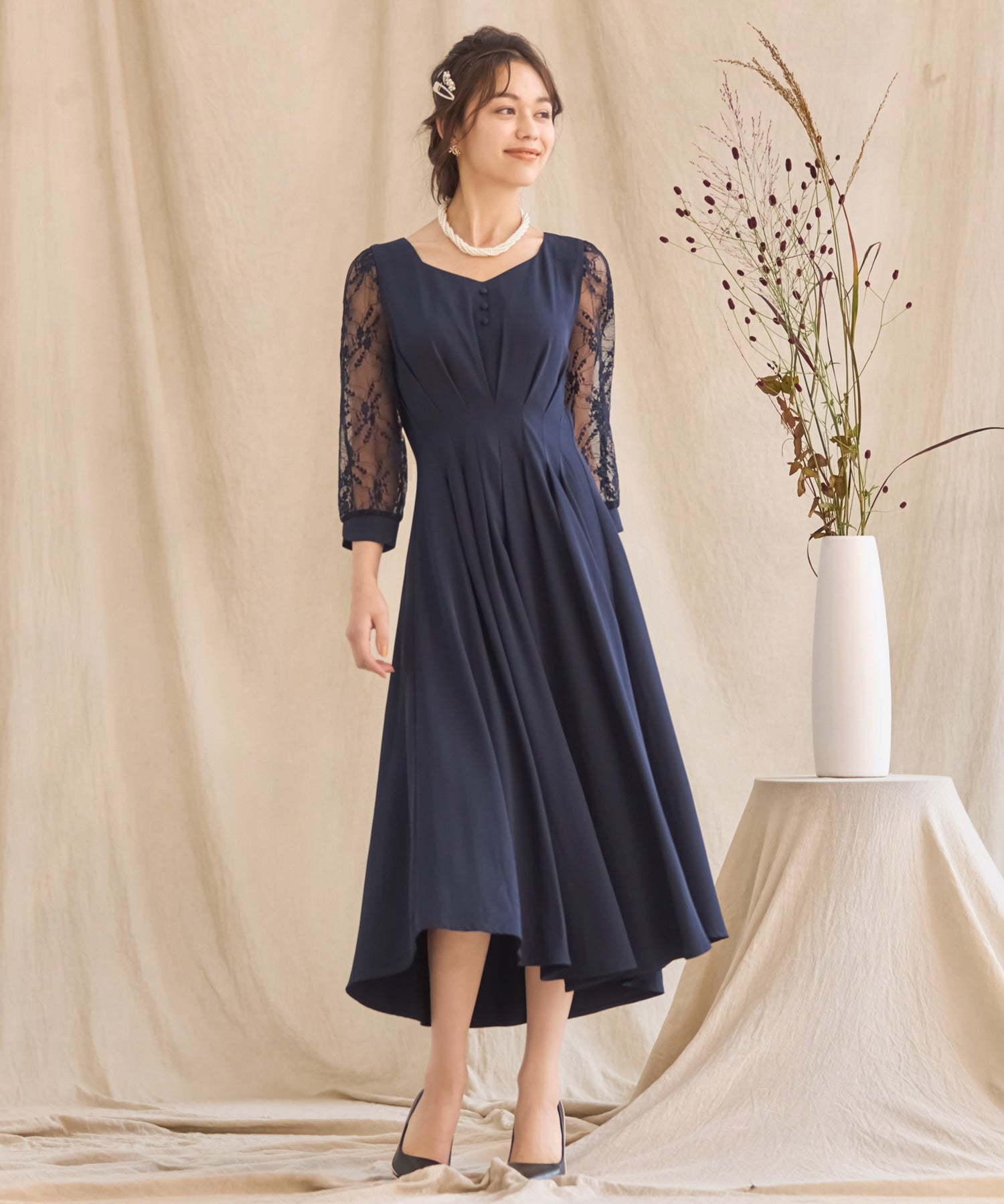 DRESS+ One-piece dress, flare, A-line, mid-calf length, sleeves, waist
