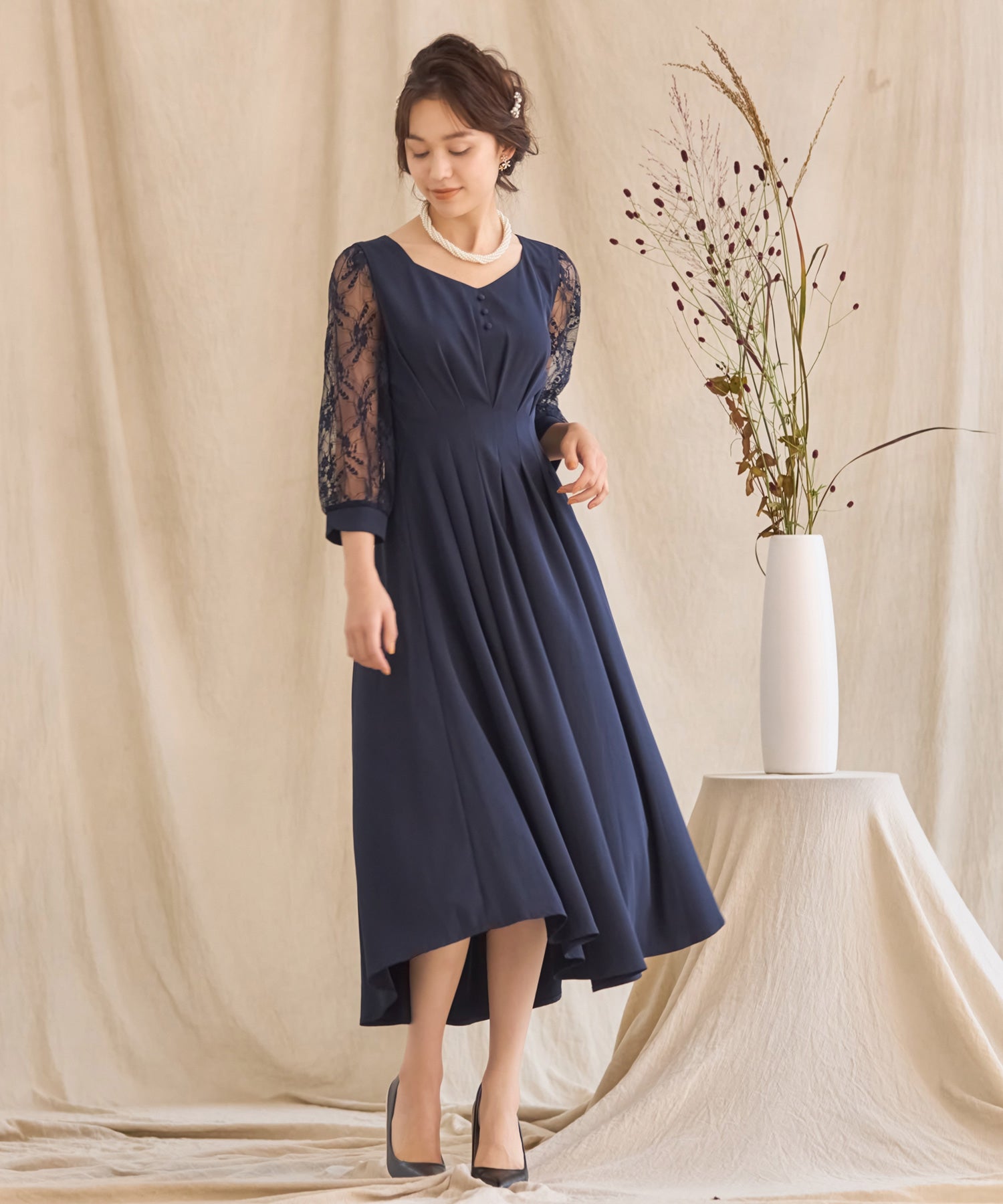 DRESS+ One-piece dress, flare, A-line, mid-calf length, sleeves, waist