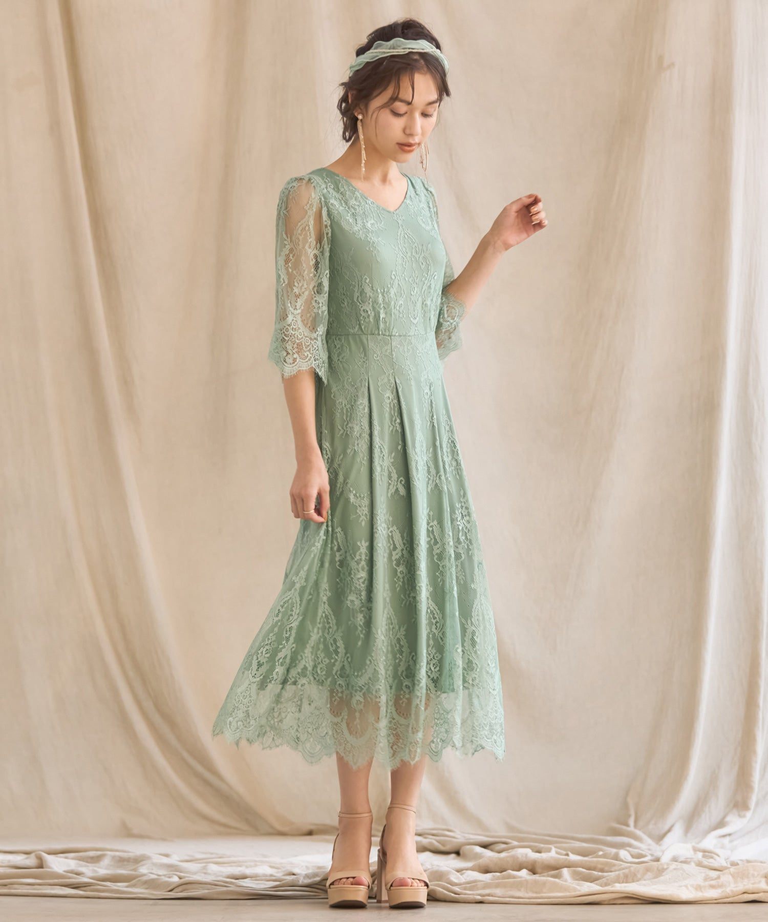 DRESS+ One-piece dress, all-lace, A-line, midi length, wedding, recept