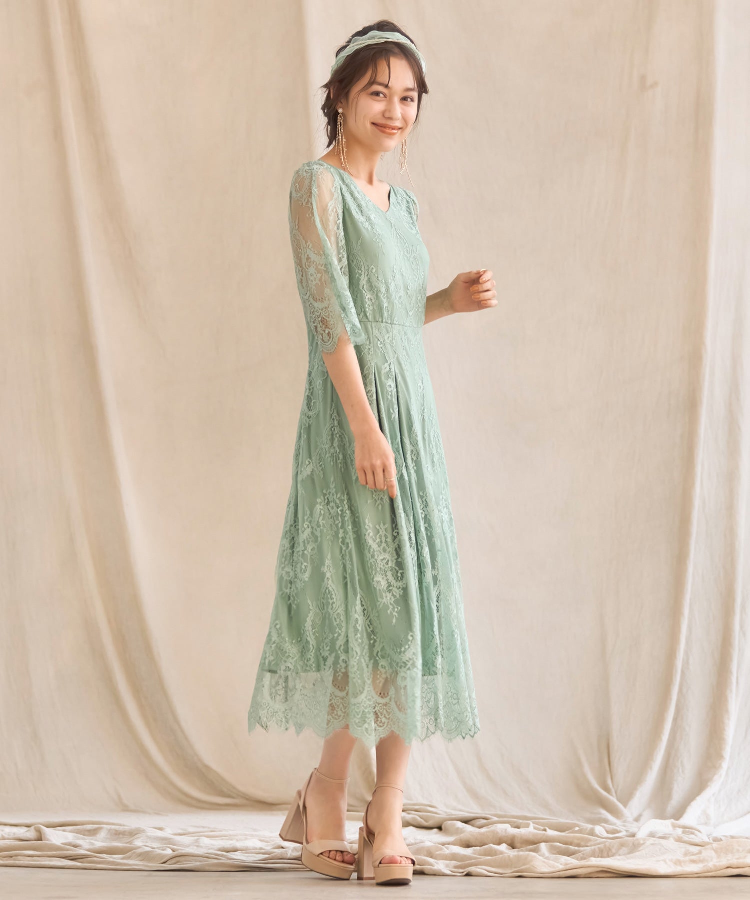 DRESS+ One-piece dress, all-lace, A-line, midi length, wedding, recept