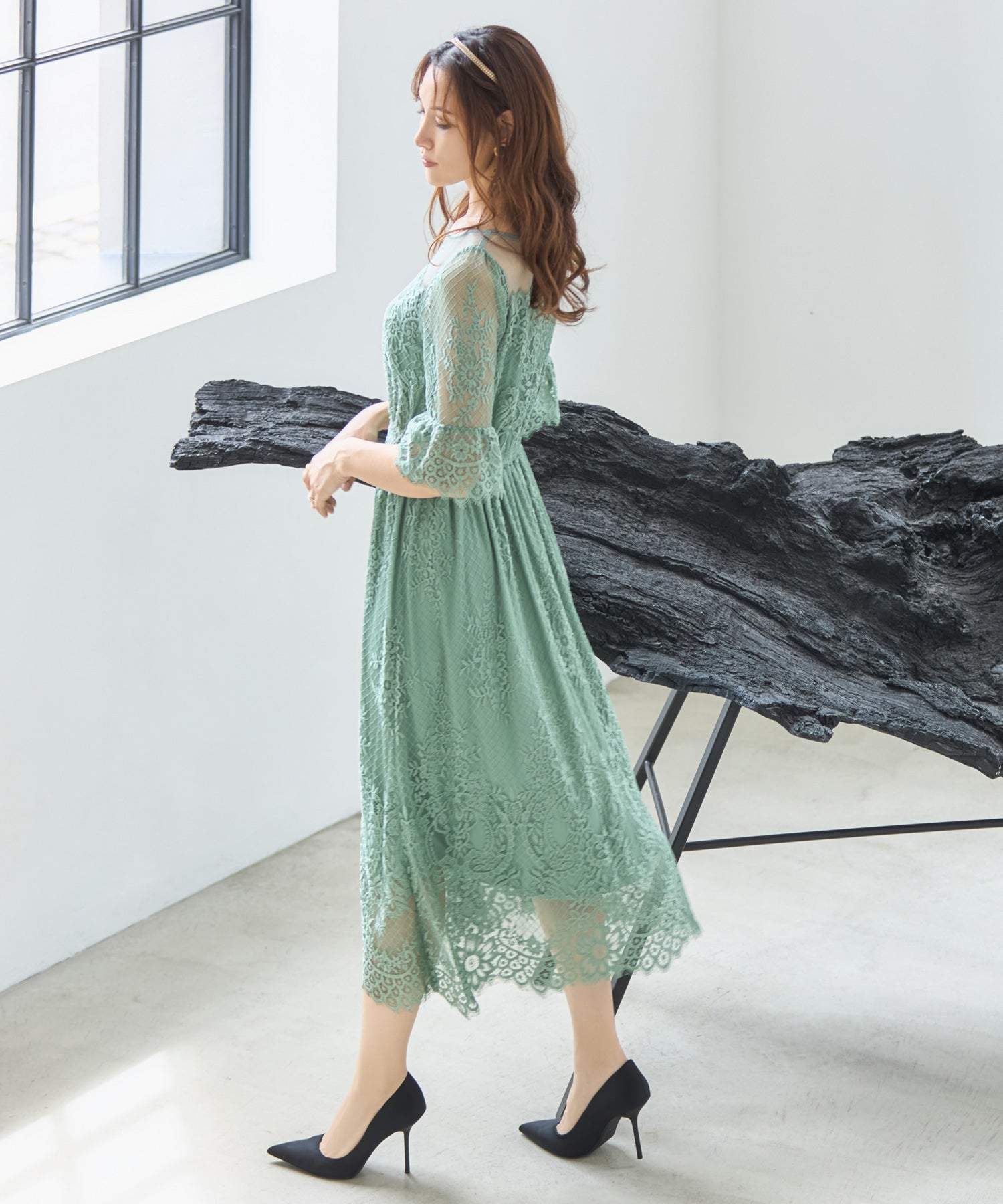 DRESS+ One-piece dress, lace, tulle, flare, A-line, mid-calf length, p