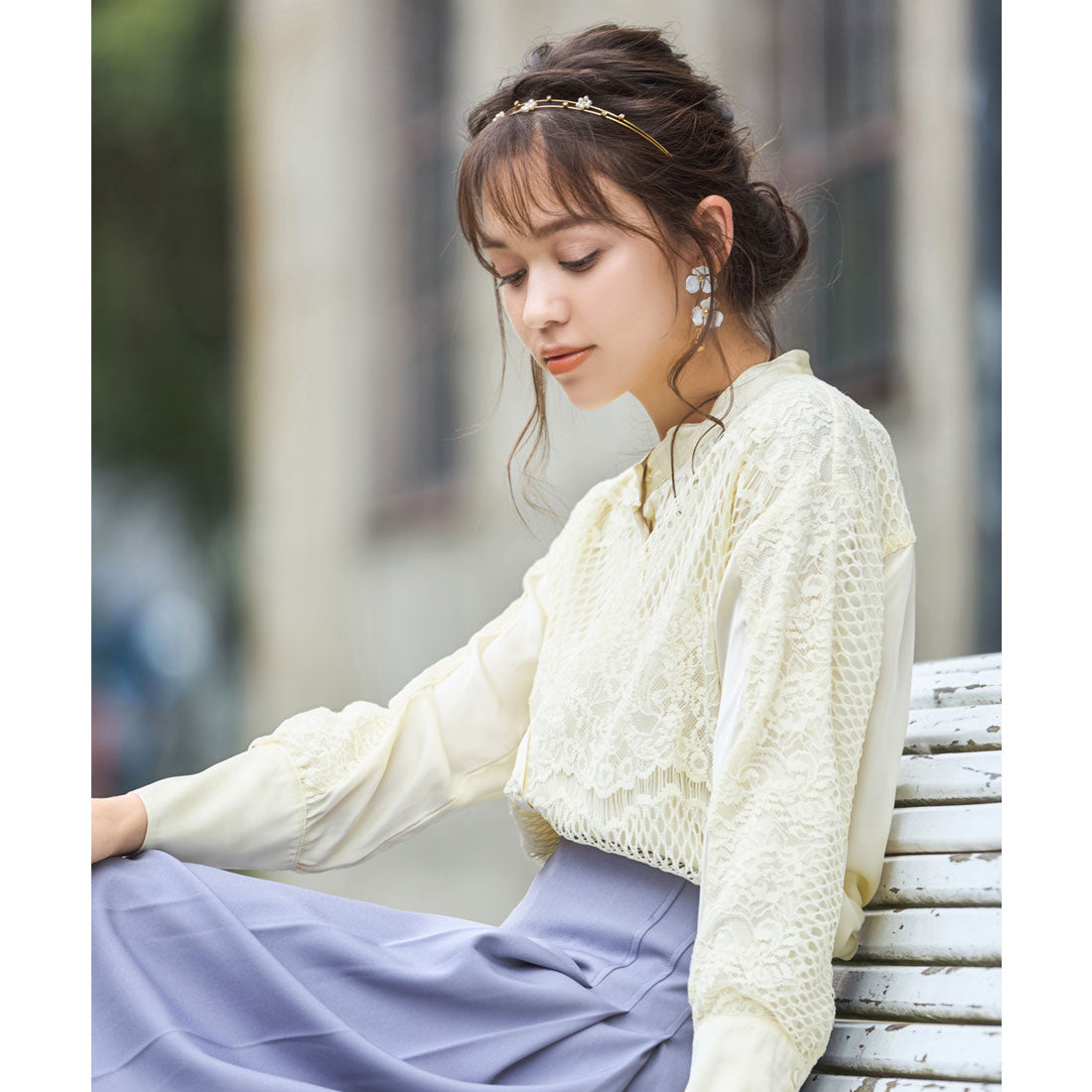 ドレスプラス DRESS+ ブラウス シャツ 長袖 異素材ドッキング レース レディース