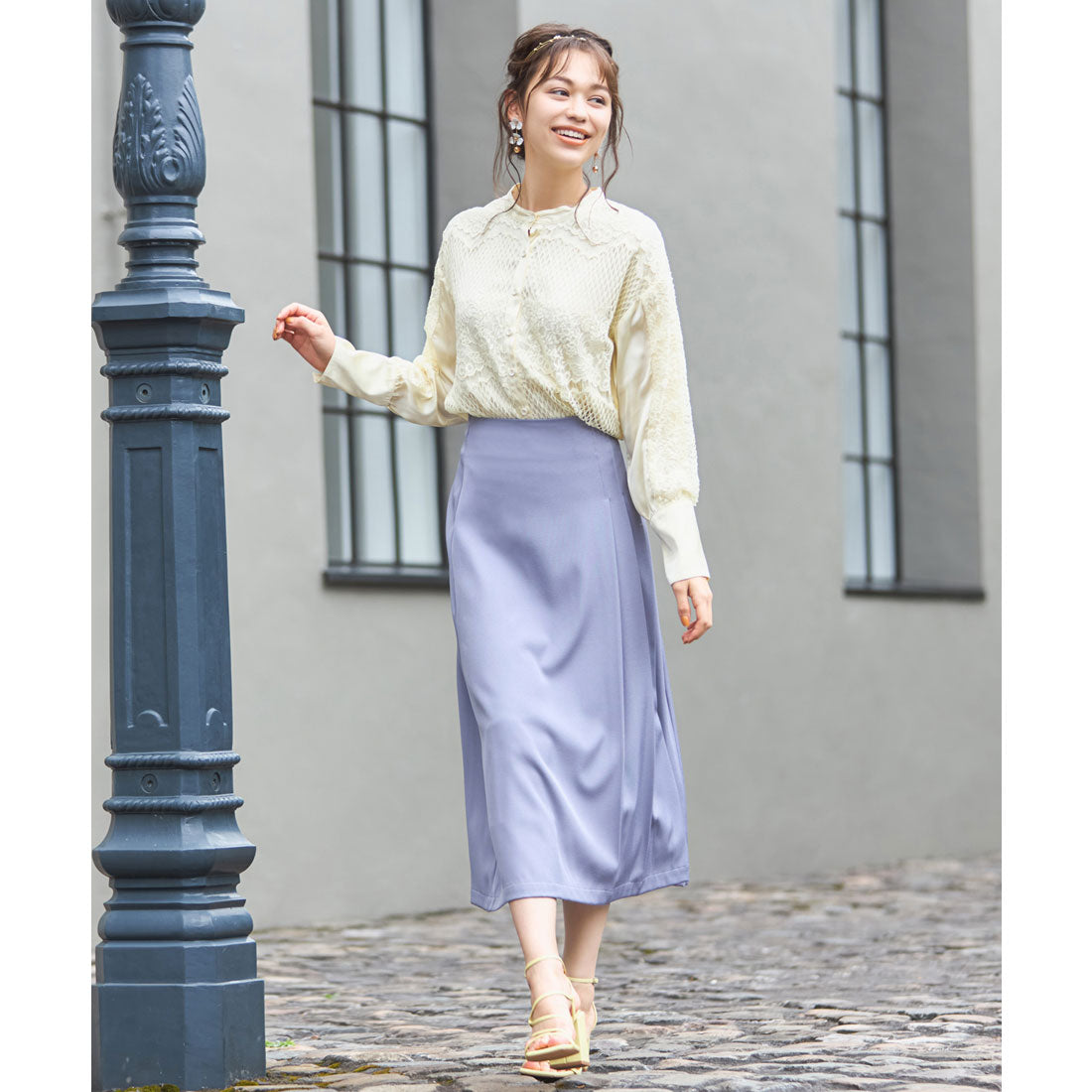 ドレスプラス DRESS+ ブラウス シャツ 長袖 異素材ドッキング レース レディース