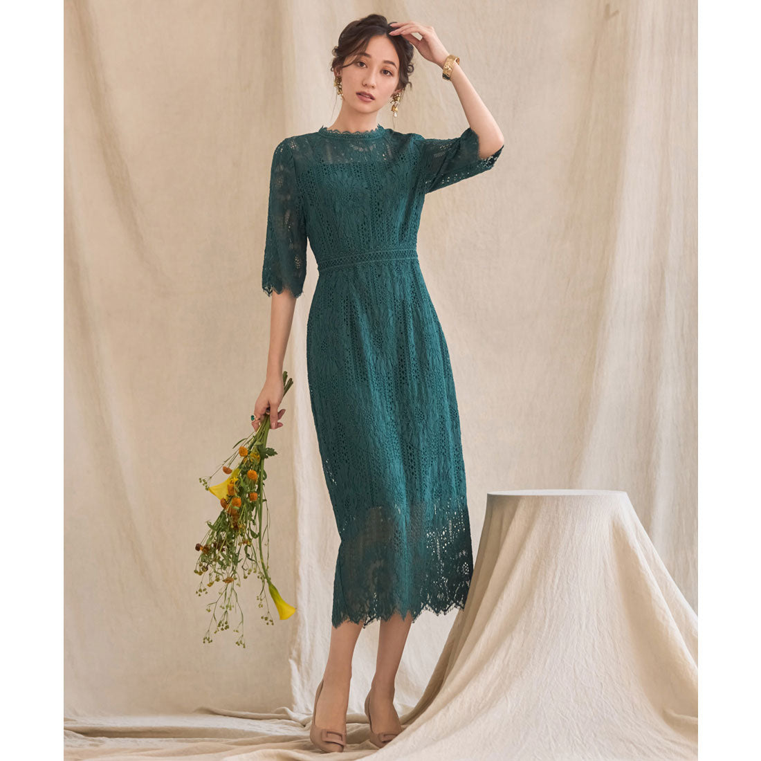 ドレスプラス DRESS+ タイトシルエットのミモレ丈ワンピースドレス パーティードレス 結婚式