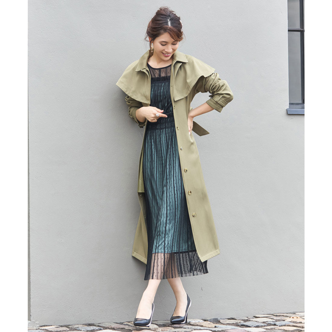 ドレスプラス DRESS+ トレンチコート ロングコート ケープ 膝下丈 2way