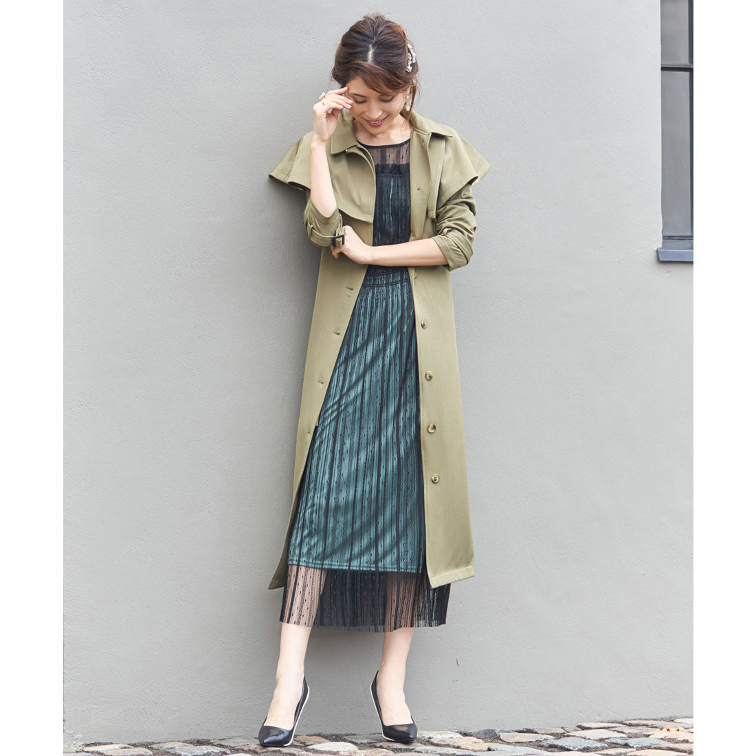 ドレスプラス DRESS+ トレンチコート ロングコート ケープ 膝下丈 2way